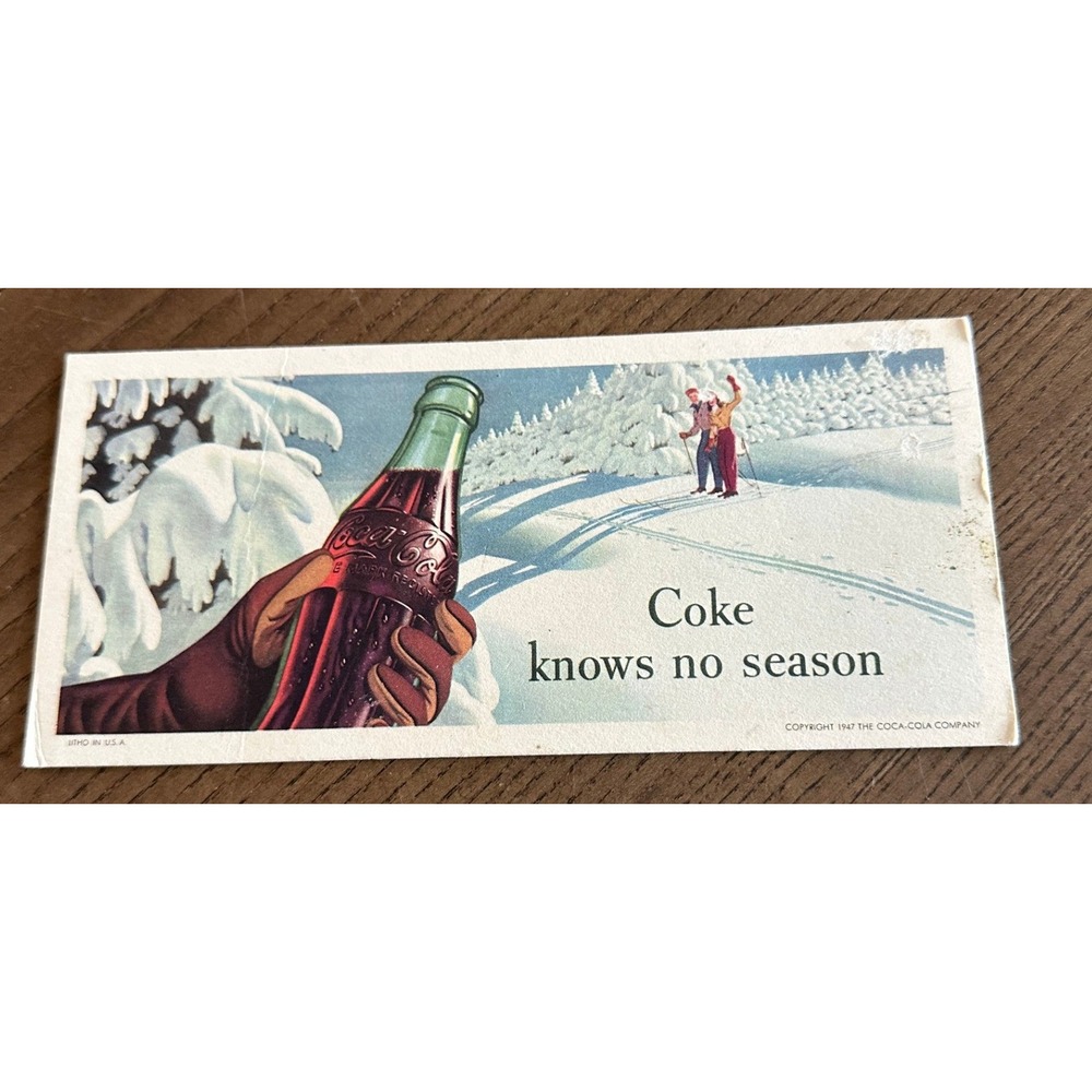 Vintage 1947 Coca-Cola Advertising Blotter Coke Knows No Season Winter Skier Art
